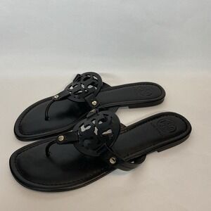 Tory Burch Miller Black  Logo SlipOn Flat Thong Sandals Women 11M Brazil Leather